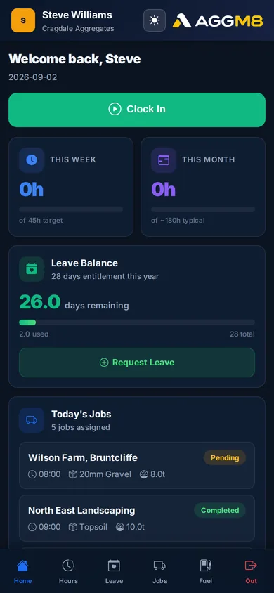 AggM8 driver app: today's jobs, clock in, hours and leave
