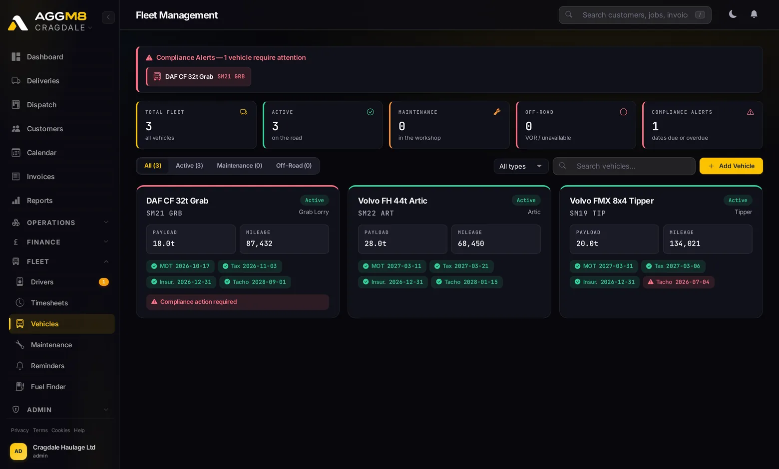 AggM8 fleet list with vehicle compliance dates and status